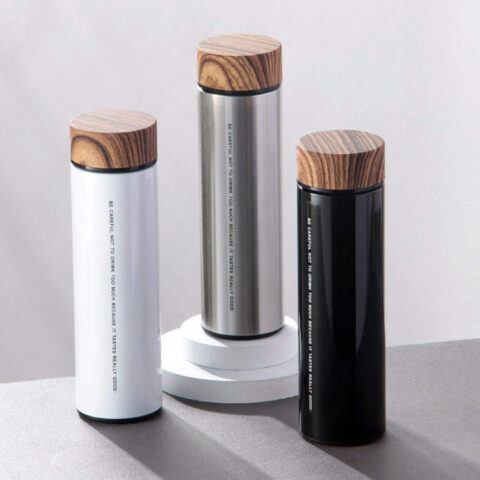 Modern Stainless Steel Flask with Natural Wood Lid
